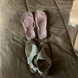 Pink flip-flops in like a brownish color flip-flop